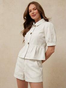 WESTFADE 翻领纽扣短袖荷叶边下摆棉混纺牛仔上衣，乡村西部风格，适合夏季牛仔女郎纳什维尔音乐会穿着 - 米色 - 查看 5