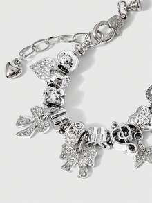 ROMWE Kawaii 1pc Luxury Elegant Brand Fashion Handmade Beaded Crystal Bow, Star & Music Symbol Adjustable Copper Bracelet For Women, Suitable As Gift For Ladies, Bars, Nightclubs, Traveling, Parties, Casual Everyday Wear - Silver - View 3