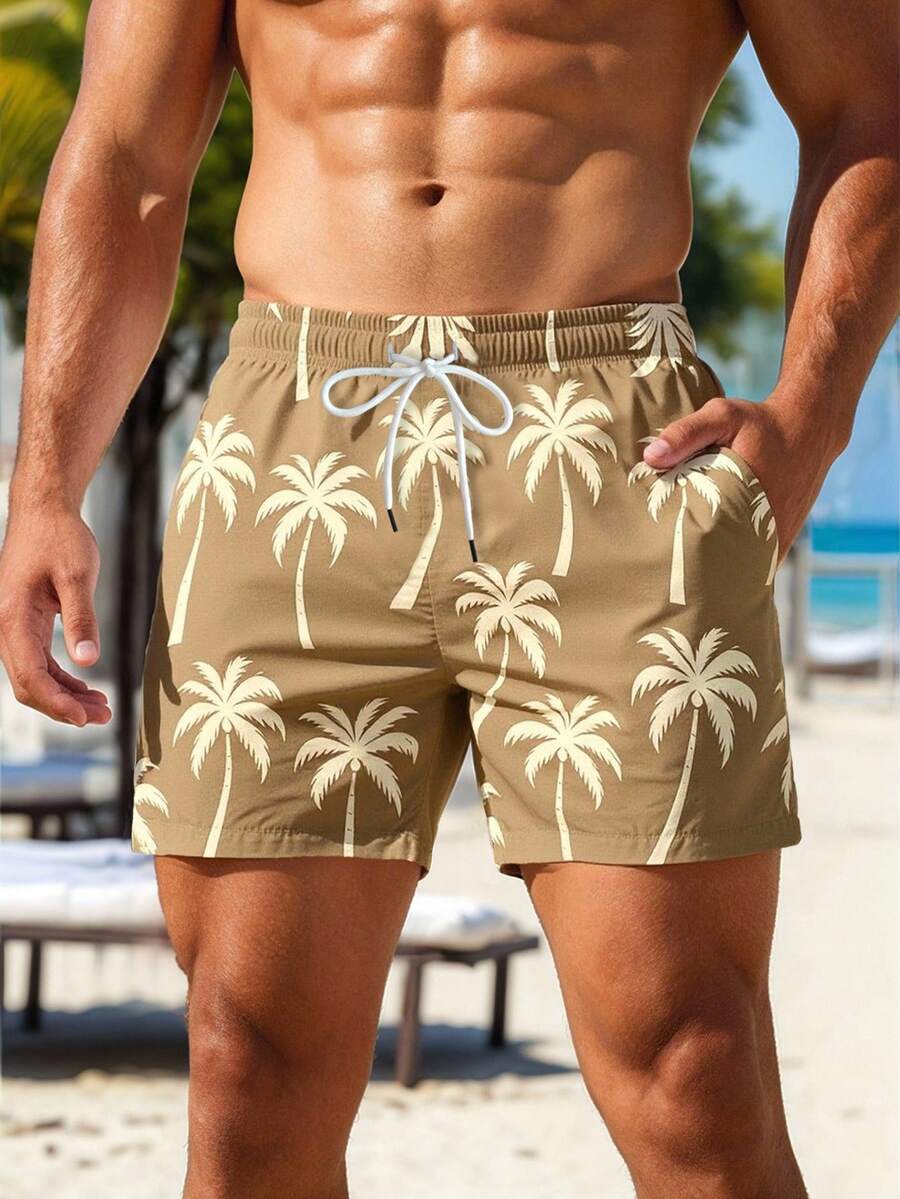 Manfinity KASUA Short de plage à cordon de serrage avec imprimé palmier pour hommes, idéal pour les vacances d'été - Multicolore - Voir 1