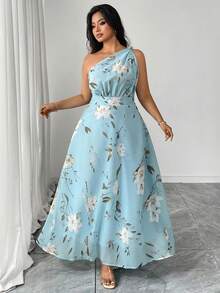 SHEIN Clasi Vestido longo plus size feminino com estampa floral, sem mangas e com ombros à mostra. Elegante para uso diário e ao ar livre, perfeito para o verão. - Azul - Ver 4