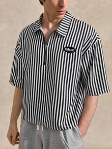 Courvante TOKUVE Herren Casual Poloshirt, Schwarz, Jung & Modisch mit Reißverschluss-Leiste, Minimalistisches gestreiftes Material, Inspiriert von Ins, Geschenk oder Freund - Schwarz - Übersicht 5
