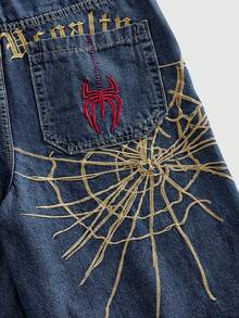ROMWE MEN Men's Loose Fit Spider Embroidery Denim Shorts - Blue - View 2