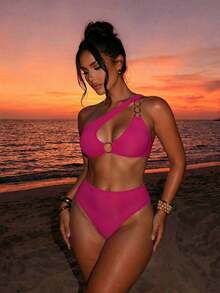 Swim SXY Hollow Out Solid Color Separated Bikini Set For Vacation, Summer Beach - Hot Pink - View 1
