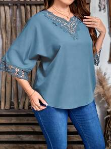 EMERY ROSE Đầm sơ mi nữ cỡ lớn màu xanh nhạt dáng rộng, cổ chữ H, viền ren, tay áo và cổ tay áo. - Màu xanh bụi bặm - Xem 3