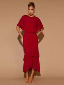 COSMINA Vestido largo de cuello redondo con volantes elegante para mujer, adecuado para citas, fiestas y todas las estaciones - Fiery Red - Ver 4