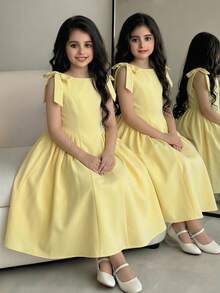 SHEIN 少女纯黄色蝴蝶结腰身连衣裙，休闲优雅时尚百搭，适合日常穿着、典礼、派对等场合，新款女童连衣裙 - 黃色 - 查看 6