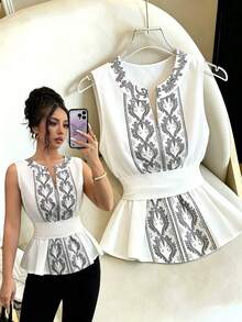 Selianne Women's Elegant White Summer Notch Neck Sleeveless Blouse, Tea Party Golf Casual Top With Digital Print Tie-Waist Design, Graceful Vacation - Multicolor - View 1