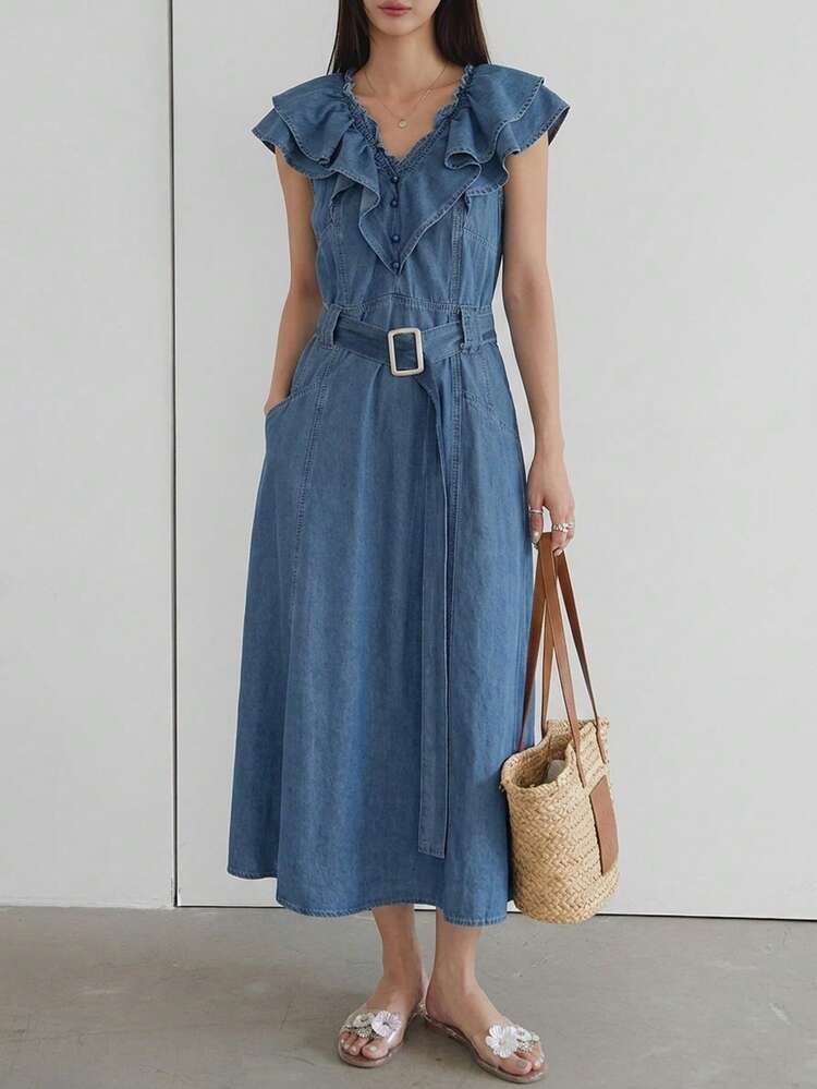 Women's Casual Denim Dress With V-Neck, Button Design And Ruffle Hem Summer