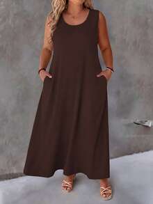 SHEIN LUNE Plus Size Round Neck Casual Printed Knit Dress - Brown - View 1