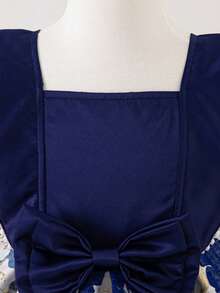 SHEIN 1件女童夏季新款缎面蝴蝶结装饰提花连衣裙，松紧腰身，复古优雅公主裙，适合生日派对、演出等场合。 - 藍色 - 查看 7