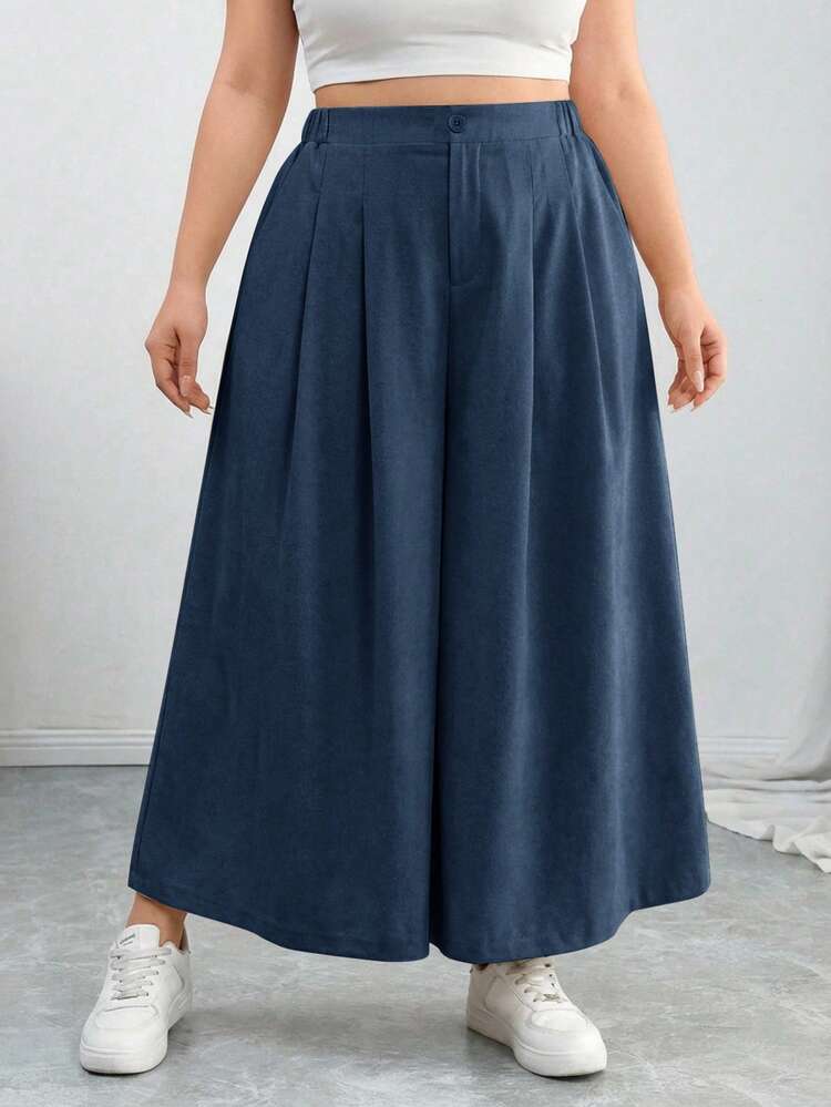 SHEIN CURVE+ Plus Size Women's Navy Blue Summer Casual Workwear Wide Leg Pants,Elastic Waist Loose Pleated Comfortable Basic Minimalist Style Bottoms For Work - Navy Blue - View 5