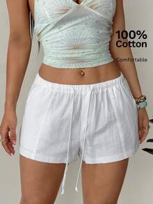 SHEIN PETITE Women Casual Modest Loose Drawstring Solid Color Shorts, Versatile For Everyday Wear White Linen Shorts Beach Summer - White - View 7