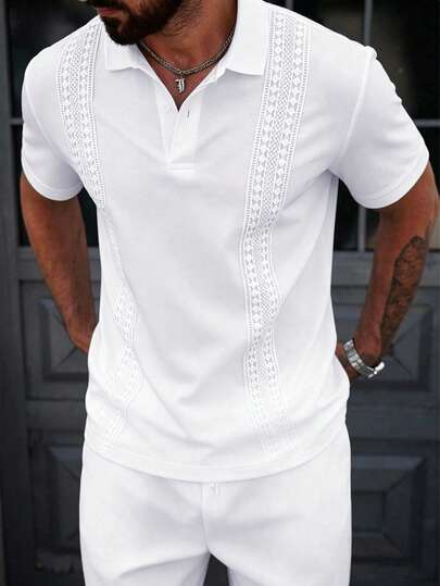 Manfinity CasualCool Men's Solid Color Contrast Lace Short Sleeve Polo Shirt And Shorts Casual Suit