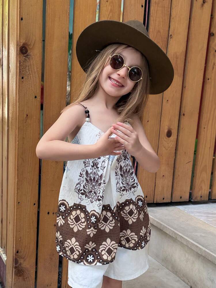 Printed Camisole Vest For Young Girls, Summer Casual Wear Sleeveless Top (Small) Vacation