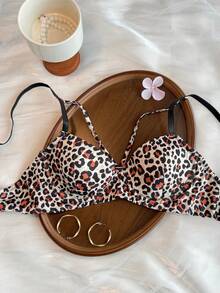 DAZY Leopard Print Adjustable Spaghetti Strap Lightly Padded Bra For Women - Black - View 8