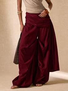 SHEIN BAE Damen Einfarbige Plissee Taille Weite Bein Loose Hose - Bordeaux - Übersicht 4