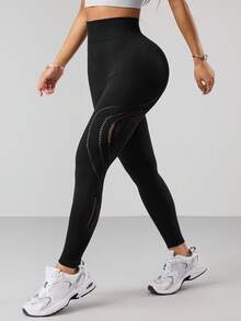 Dewbera 女士无缝镂空运动紧身裤 - 黑色 - 查看 4