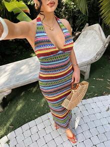 Vestido de tubo con cuello halter a rayas coloridas para mujer de talla grande - Multicolor 3 - Ver 6