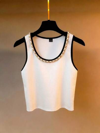 Franclia Camiseta de tirantes de moda con cuello redondo y decoración de cadena metálica para mujer