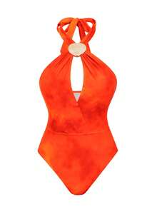 SHEIN Swim Oasis Women's Printed Halter Tie Backless One-Piece Swimsuit With Cute Shell Decor And Sarong Cover-Up, Suitable For Beach Vacation - Multicolor - View 4