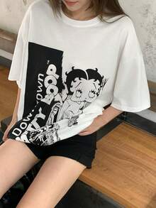 DAZY 女款卡通印花圓領落肩休閒寬鬆大尺寸夏季圖案T恤 - 白色 - 查看 7
