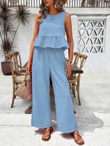 Breezaya Women's Solid Color Pleated Top And Wide Leg Pants Casual 2 Pieces Set - Blue - View 4