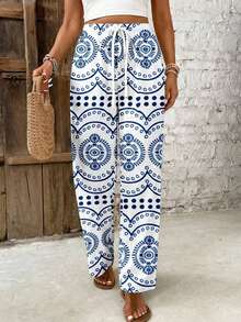 SHEIN Frenchy Quần nữ cạp chun in hoa phong cách retro bohemian, thích hợp cho kỳ nghỉ biển, tiệc cưới, đi chơi, đi làm, phong cách thanh lịch. - Nhiều màu - Xem 5