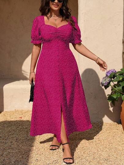 Auvina Clasi加大码纯色心形领口开衩大腿优雅短袖波点迷你连衣裙