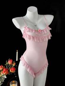 DAZY Lace & Mesh Patchwork Semi-Sheer Floral Decor Bodysuit, Fitted Spaghetti Strap Ruffle Trim Sexy Jumpsuit For Women - Pink - View 11