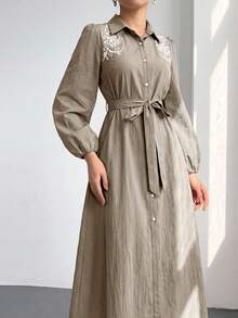 Heiryn Women's Elegant Commuter Floral Embroidered Front Button Long Dress - Grey - View 2