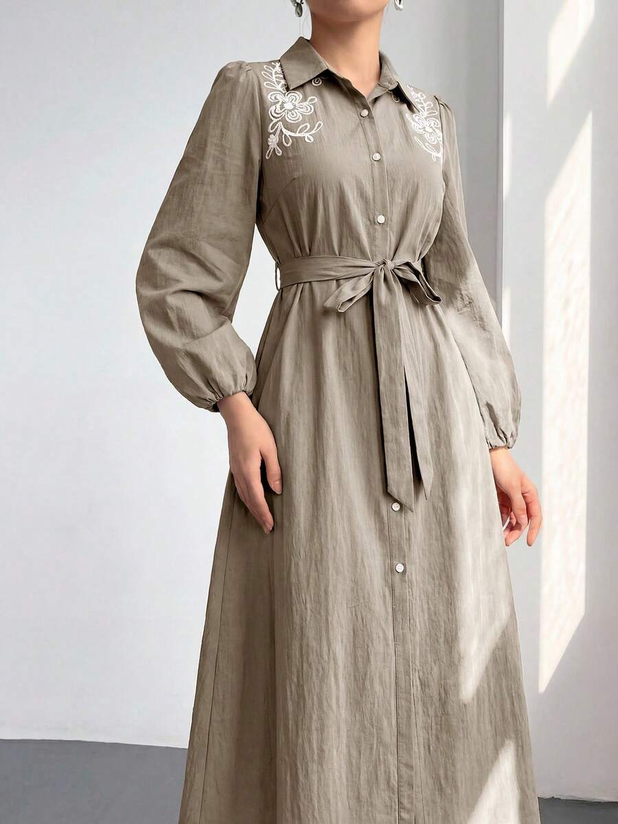 Heiryn Women's Elegant Commuter Floral Embroidered Front Button Long Dress