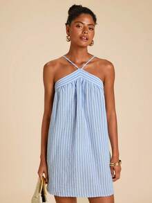 SHEIN TRVLCHIC Women's Striped Casual Vacation Halter Dress - Blue and White - View 3