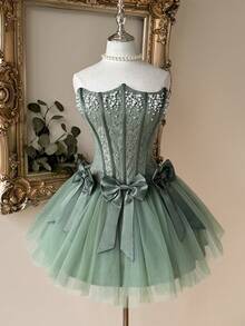 Lovelzi 优雅浪漫蕾丝网纱泡泡裙，无肩带束身胸衣，可拆卸蝴蝶结系带，可调节肩带，适合沙滩、假日派对、生日、毕业典礼、舞会、婚礼、鸡尾酒会等场合的女士礼服 - 橄欖綠 - 查看 1