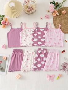 SHEIN Bộ đồ ngủ 8 món cho bé gái, màu trơn, họa tiết mây và nơ, gồm áo hai dây và quần short dệt kim, gồm áo hai dây và quần short. - Nhiều màu - Xem 8