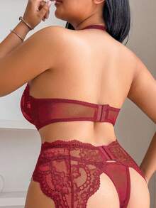 QuietHaus 5件套加大码蕾丝内衣套装，情人节 - 酒紅色 - 查看 2