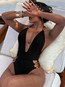 Swim SXY 女士咖啡棕色纯色深V领串珠链条镂空性感连体泳衣，春夏款 - 黑色 - 查看 3