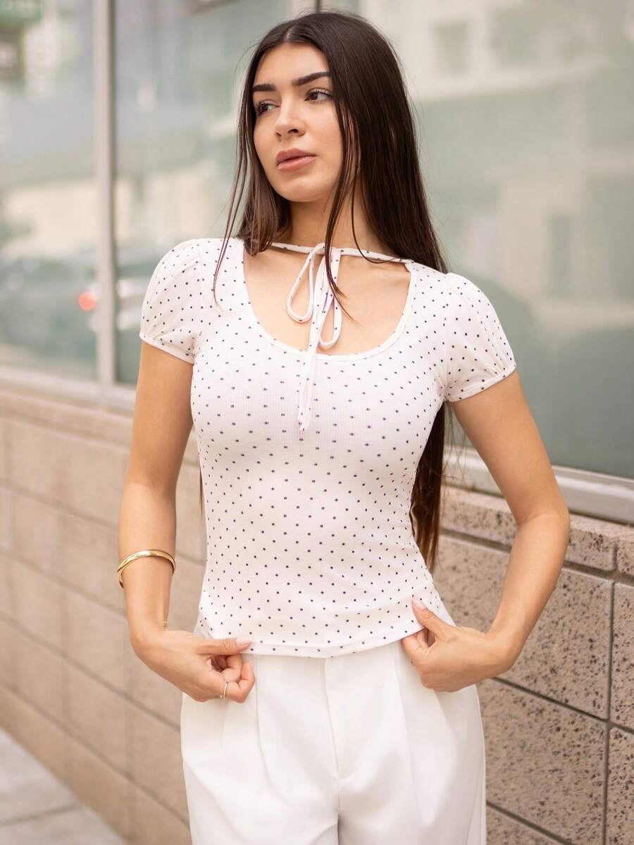 Andrea Bello 女式前系带波尔卡圆点圆领短袖T恤夏季可爱上衣 - 白色 - 查看 1