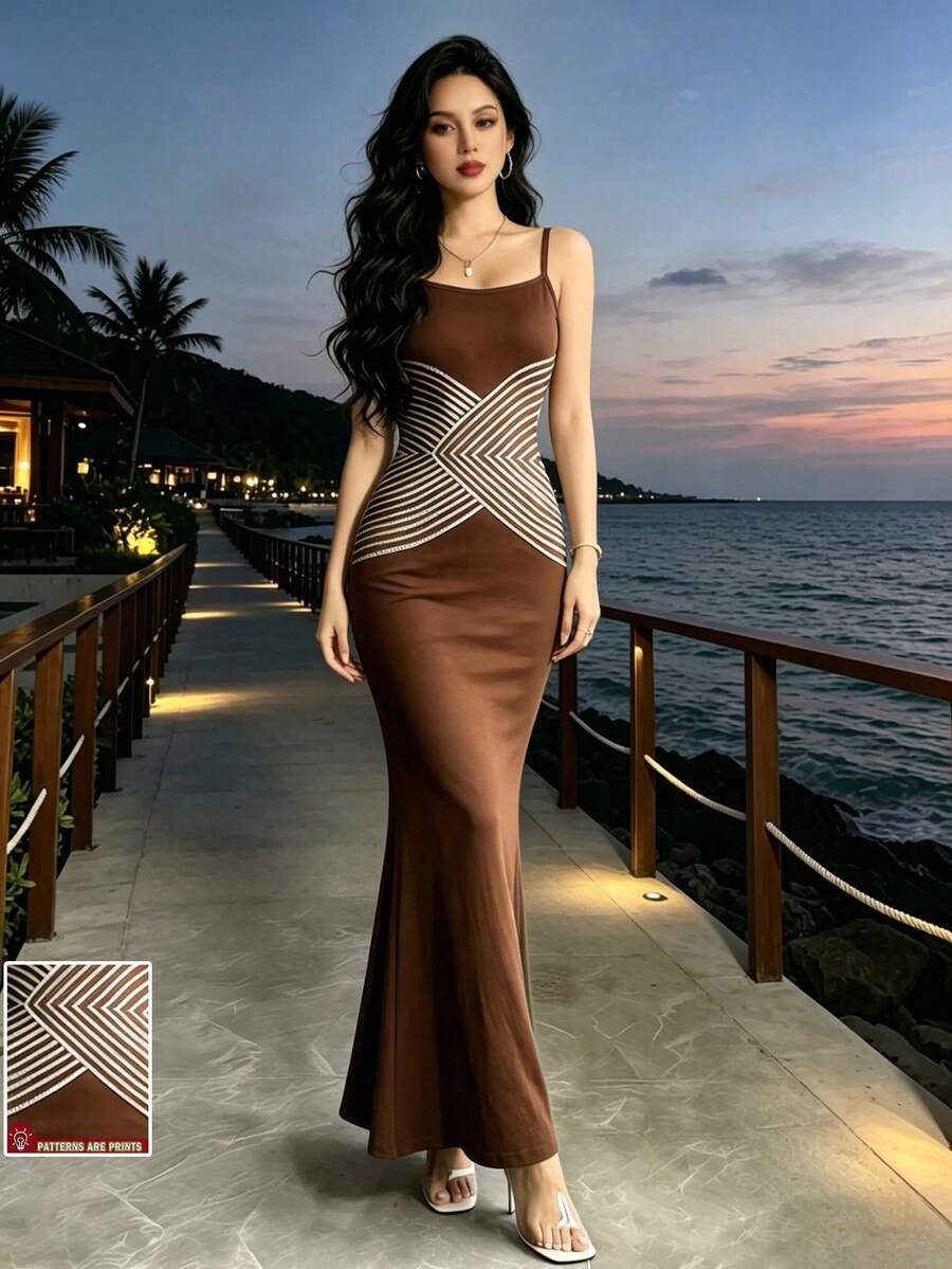 Modelyn 女士条纹纹理印花性感吊带修身长裙，夏季 - 彩色 - 查看 1