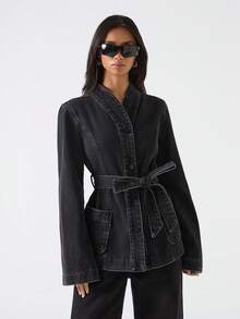 LYSMO Áo khoác denim tay dài, một hàng khuy, túi, thiết kế thắt lưng đơn giản dành cho nữ - Màu xanh hải quân - Xem 6