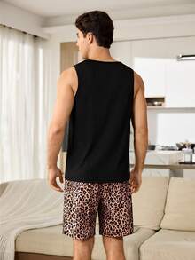 CoupledUp Bộ đồ ngủ nam in họa tiết da báo gồm áo không tay và quần short có túi, kiểu dáng thường ngày. - màu đen - Xem 3
