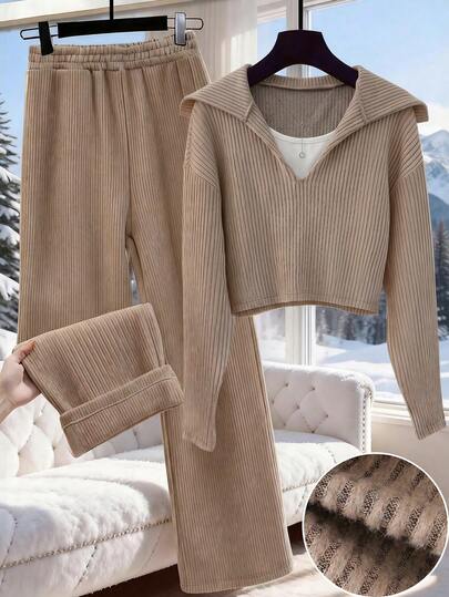 EMERY ROSE 女士针织长袖上衣和灯芯绒衬里阔腿直筒裤两件套，休闲日常通勤时尚法式街头复古商务度假杏色秋冬家居服