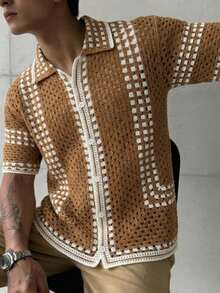 Manfinity CityGents Áo len nam cổ điển khoét rỗng, phối màu tương phản. - màu nâu - Xem 4