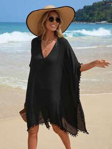 Breezaya 小絨球邊蝙蝠袖罩衫 - 黑色 - 查看 5