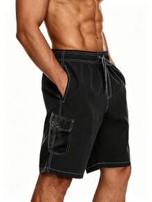 Manfinity KASUA Plus Size Men's Drawstring Waist Casual Versatile Beach Shorts, Holiday - Black - View 5