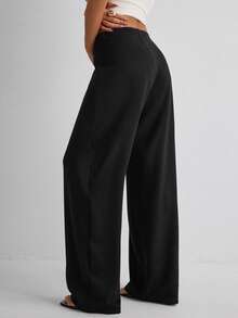 Damen einfarbige minimalistische Weite Hose, lässiger Alltags-Tragekomfort - Schwarz - Übersicht 3