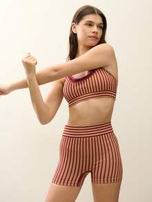 Nöista Part Of A Set, Sport's Bra In Stripes Structure, Seamless Style And Layering Detail In Burgundy. Activewear, Yoga, Gym, Workout, Barre, Pilates. - Burgundy - View 3