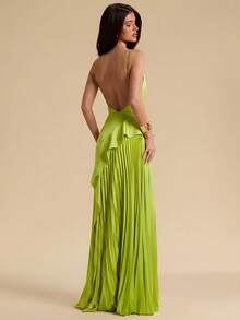 SHEIN BAE Đầm dài xếp ly màu xanh lá cây trơn dành cho nữ, cổ xếp ly, gấu xếp ly, kiểu dáng thanh lịch cho mùa xuân/hè, thích hợp cho kỳ nghỉ và đi biển, đầm xếp ly màu xanh lá cây. - màu xanh lá - Xem 2