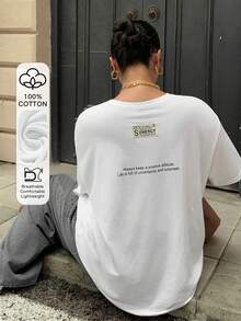 Dazy Plus Plus Size Women White Loose Fit T-Shirt With Back Print Decoration, Spring/Summer - White - View 1