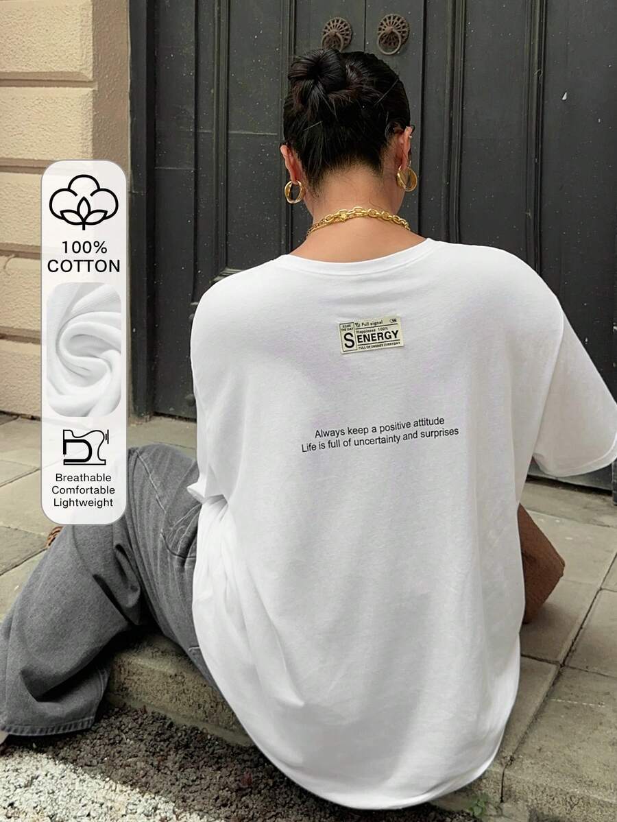 Dazy Plus Plus Size Women White Loose Fit T-Shirt With Back Print Decoration, Spring/Summer - White - View 1