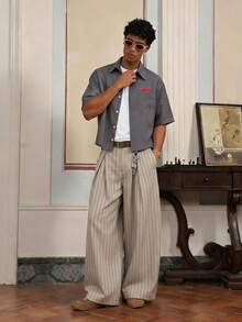 SWAVVY Men's Casual Commuter Striped Tapered Pants - Light Grey - View 4